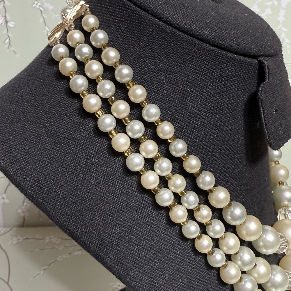 VTG Necklace Multi-Strand Signed JAPAN Gold Tone Faux Pearl Shepherd Hook Estate - Picture 4 of 12